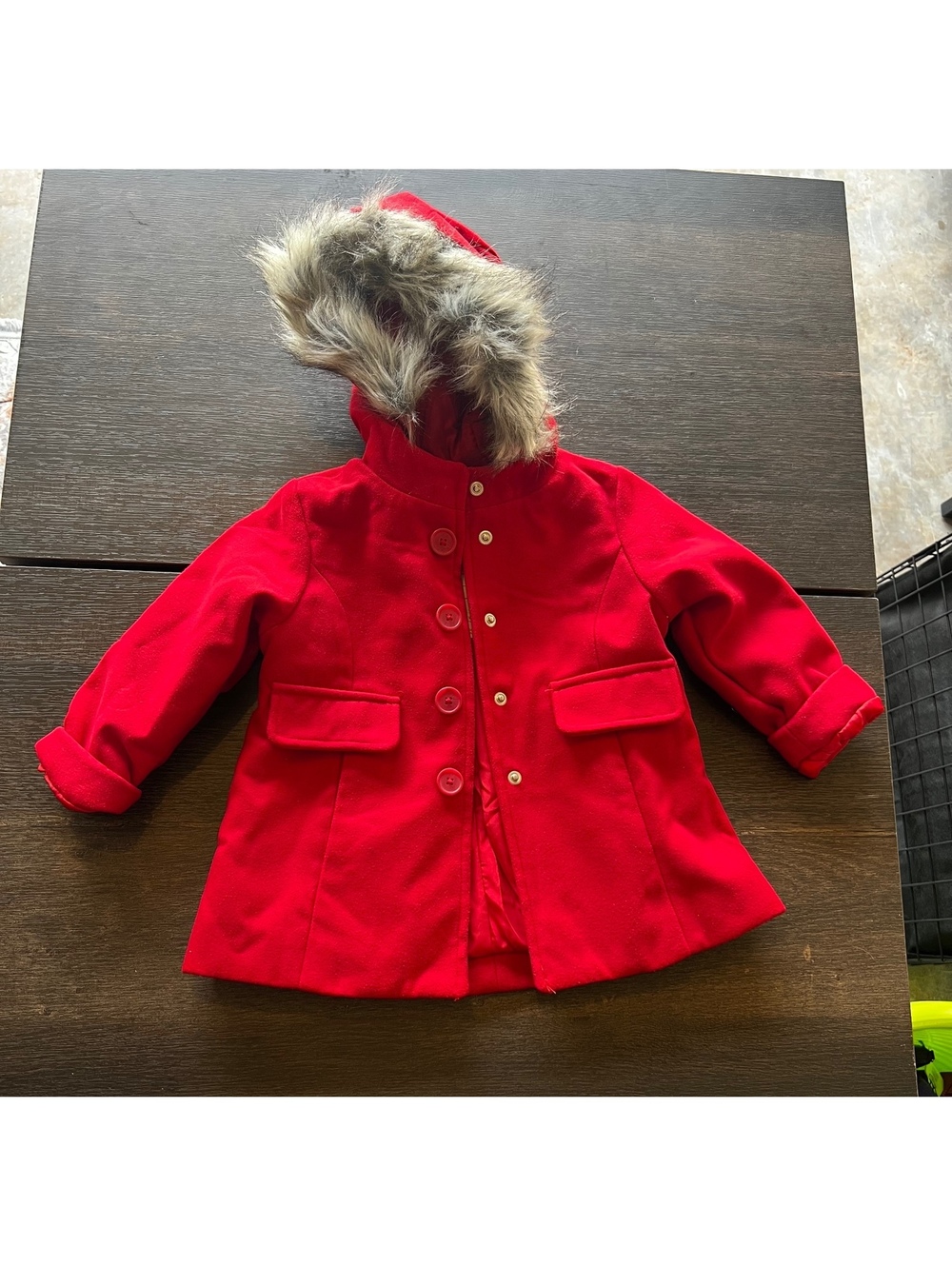 Cat & Jack Toddler Girls' Red Hooded Peacoat with Faux Fur Trim – 18 Months